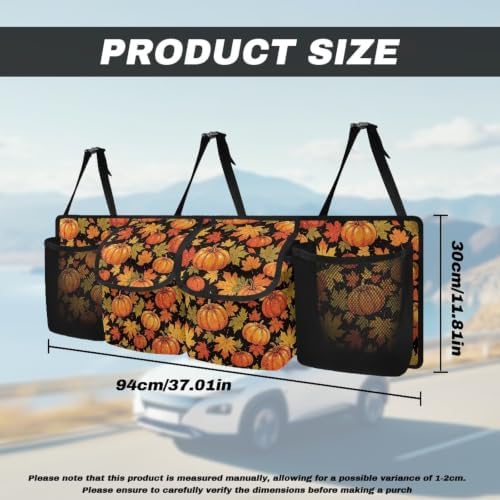 Fall Pumpkin Maple Leaf Print Car Trunk Organizer Car Backseat Storage Bag with 4 Pockets Hanging Trunk Cargo Storage Universal Auto Accessories for Sedans SUV Trucks Van