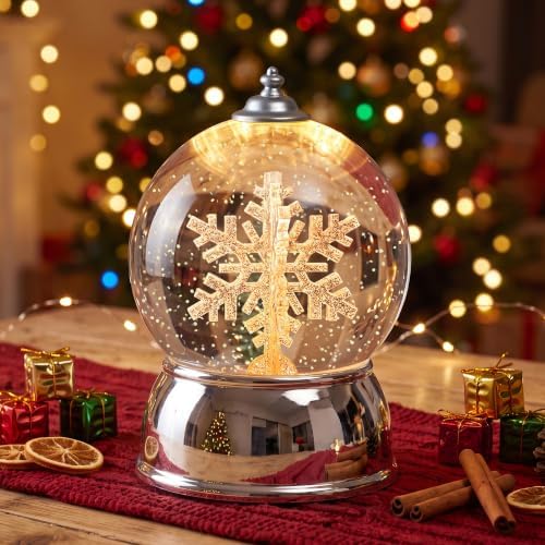 Christmas Snow Globe with Music & Swirling Glitter, Silver Snowflake Snow Globe with Timer, USB & Battery Powered Musical Water Globe for Indoor Christmas Decorations, Tabletop - Image 6