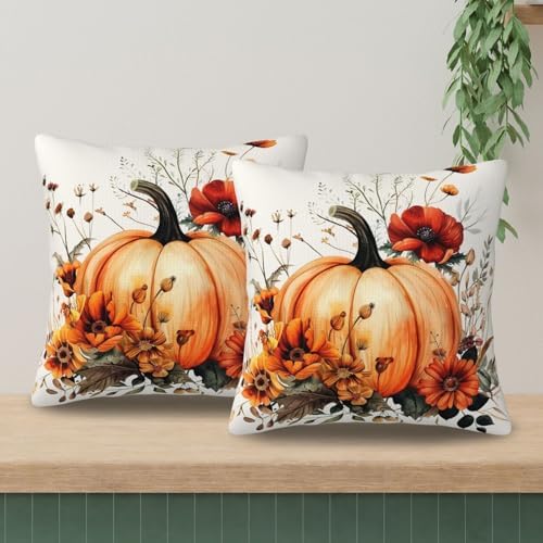 KiuLoam Vintage Fall Pillow Covers 18x18 Inch Set of 2 Vintage Red Black Orange Pumpkin Floral Autumn Print Decorative Throw Pillows Outdoor Halloween Decor Cushion Covers for Sofa Couch Bed - Image 3