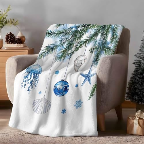 DecorLovee Blue Coastal Christmas Blanket 50"x60", Reversible Xmas Botanical Throw Blanket for Couch/Bed, Nautical Starfish Lightweight Soft Throw Blankets for Women, Warm Fuzzy Blankets for Winter - Image 2