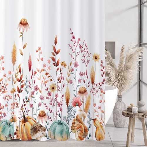 Fall Shower Curtain, Watercolor Autumn Pumpkins Floral Harvest Fruits Animals Thanksgiving Bathroom Curtain Waterproof Fabric Machine Washable with Hooks, 60" Wx72 L - Image 3