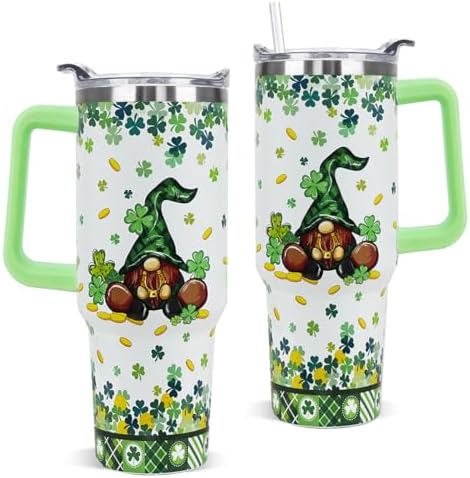 St Patricks Day Tumbler with Handle 40 oz Lucky Gnomes Shamrock Coffee Travel Mug Stainless Steel Insulated Cup Irish Saint Patricks Decor Gifts by Unknown