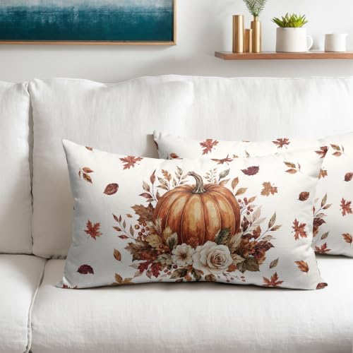 Fall Pumpkin Lumbar Pillow Covers 12x20 Set of 2 Burnt Orange Maple Leaves Floral Outdoor Throw Pillows Covers Thanksgiving Rustic Decorative Farmhouse Cushion Case for Room Couch Sofa - Image 2
