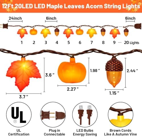 Fall Thanksgiving Harvest Decor - 20 LED Fall String Lights Plug in, 12Ft LED Autumn String Lights with Maple Leaf Pumpkin Acorn, for Indoor Outdoor Autumn Harvest Decorations & Thanksgiving Decor - Image 4