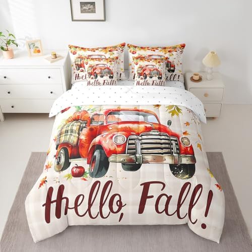 Erosebridal Pumpkin Truck Bed in A Bag with Sheets Thanksgiving Harvest Twin Comforter Set 7 Piece,Country Watercolor Maple Leaves Bedding Set for Kids Adults,Rustic Farmhouse Bed Set - Image 2