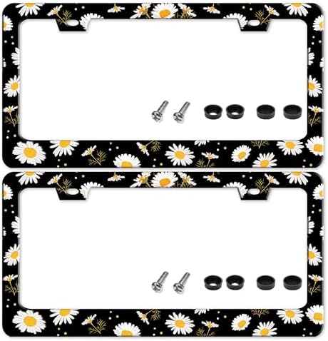 2 Pack Daisy Flower License Plate Frame Stainless Steel 6.3 X 12.2 Inch