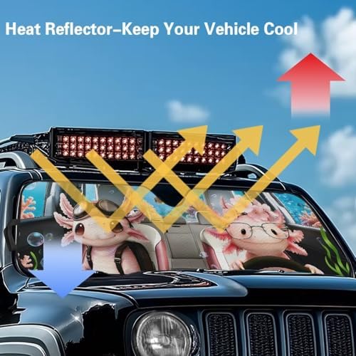 Renewold Car Sun Shade, Windshield Sunshade for Jeep Wrangler JK JKU JL JLU, Block Glare UV Heat Cover, Car Interior Funny Cute Pink Axolotl, Accessories Sun Visor Shield Fit for Jeep Gladiator JT