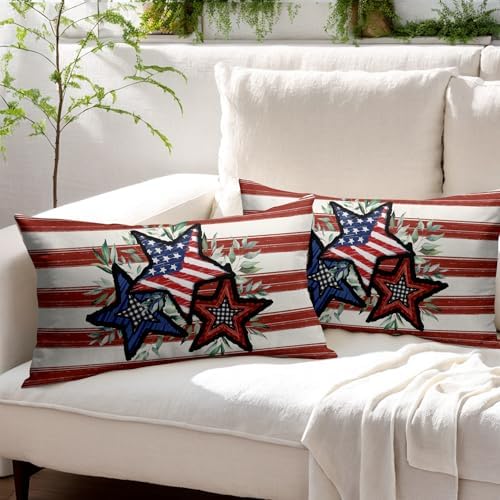 4th of July Pillow Covers 12x20 Set of 2, Patriotic Throw Pillow Covers Independence Memorial Day Pillowcase, Summer Stripes Decorative Fourth of July Cushion Case Couch for Indoor Outdoor Home Decor - Image 3