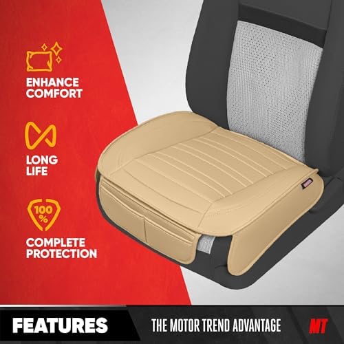 Motor Trend Seat Covers for Cars Trucks SUV, Faux Leather Beige Padded Seat Covers with Storage Pockets, Premium Interior Car Seat Cover, 2 x Front Seat Covers
