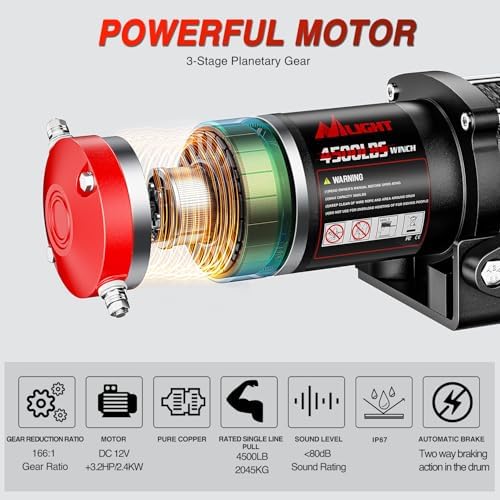 Nilight ATV UTV Electric Winch 12V 4500 lb w Synthetic Rope Remote Control - Image 3