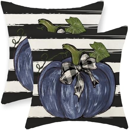 Fall Pillow Covers 18x18 Set of 2 Dark Blue Pumpkin Buffalo Plaid Fall Decor Pillowcase Autumn Thanksgiving Decorative Outdoor Throw Pillow Covers Linen Farmhouse Cushion Case for Couch Home by Gohdiwh