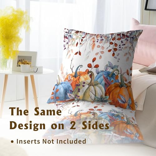 Sweetshow Orange and Blue Autumn Pumpkins Throw Pillow Covers 16X16 Inches Set of 2 Fall Maple Leaves Pillowcase Soft Cotton Square Thankgiving Cushion Covers for Home Sofa Patio Bedroom Decoration - Image 5