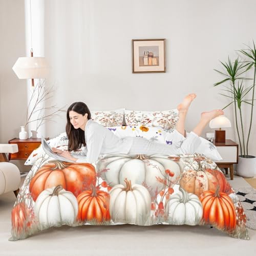 Erosebridal Fall Pumpkin Comforter Cover for Kids, Harvest Thanksgiving Bedding Set King Size Autumn Flower Leaf Duvet Cover for Teens Adult, Rustic Farmhouse Country Quilt Cover,2 Pillow Cases - Image 3