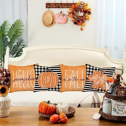 Fall Decor Pillow Covers 24x24 Inch Set of 4 Orange Pumpkin Maple Leaf Throw Pillow Case Outdoor Buffalo Plaid Stripes Autumn Thanksgiving Farmhouse Decoration for Home Couch - Image 2