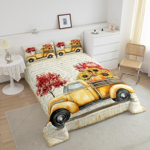 Sunflower Comforter Set Twin Size Pumpkin Bedding Set For Women Adults Girls Kids Retro Old Newspaper Down Comforter Fall Autum Harvest Tree Car Bedding Comforters & Sets Room Decor, Yellow Red - Image 5
