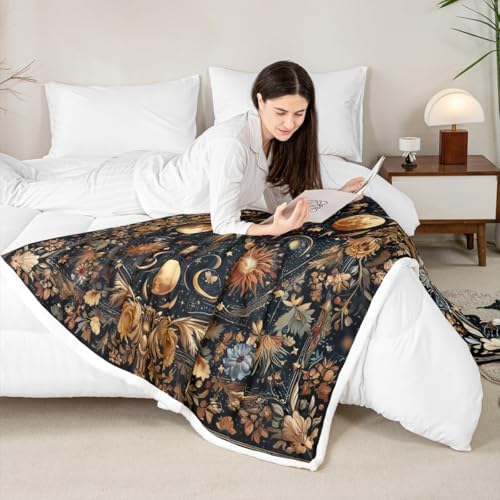 Sun and Moon Throw Blanket Mysterious Starry Galaxy Fleece Flannel Blankets Kids Boys Girls Room Decor Retro Flowers Plant Bed Blankets for Bed Sofa Couch Black Gold Orange Plush Blanket Throw 50"x60" - Image 4