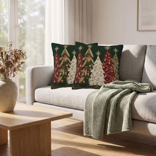Green Christmas Pillow Covers 20x20 Set of 2, Red Gold Xmas Tree Print - Image 6