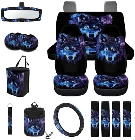 Wolf Galaxy Forest Print Car Seat Covers 15Pcs Full Set Car Steering Wheel Cover Seat Belt Cover Trash Bin Air Vent Storage Box Rear View Mirror Car Cup Holder Keychain