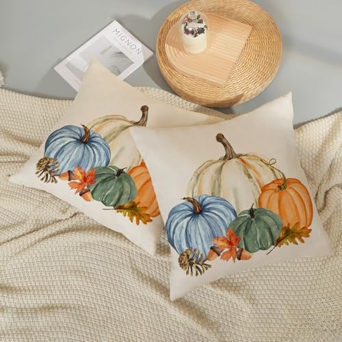 Fall Pillow Covers 18x18 Set of 2 Watercolor White Orange Blue Green Pumpkin Pillow Cases Outdoor Fall Decoration Throw Pillows Holiday Autumn Thanksgiving Cushion Case for Couch Home Decor - Image 6