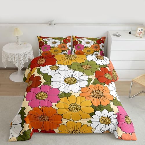Floral Comforter Set Queen Colorful Groovy Flower Bedding Set For Kids Boys Adults Cartoon Blossom Retro Flowers Down Comforter Yellow Green Farmhouse Botanical Quilt Set Garden Bedroom Decor 3Pcs - Image 2
