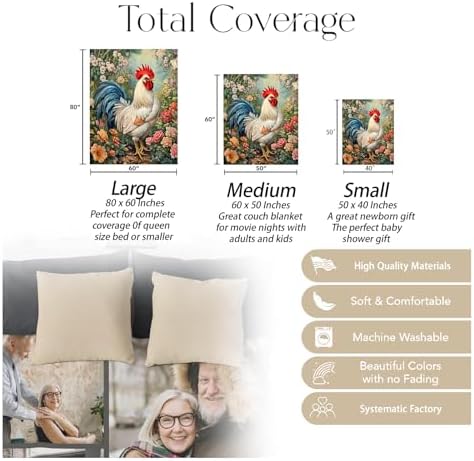Rooster & Floral Blanket, Soft Warm Cozy Throw Gifts for Adults Kids Women, Lightweight Comfy Fuzzy Flannel Blankets for Couch, Travel, Car, Home Decor 50×40 Inch - Image 3
