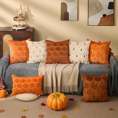 DFXSZ Fall Pillow Covers 18x18 2Pcs Beige Green Rust Pumpkin Fall Decorations - Image 5
