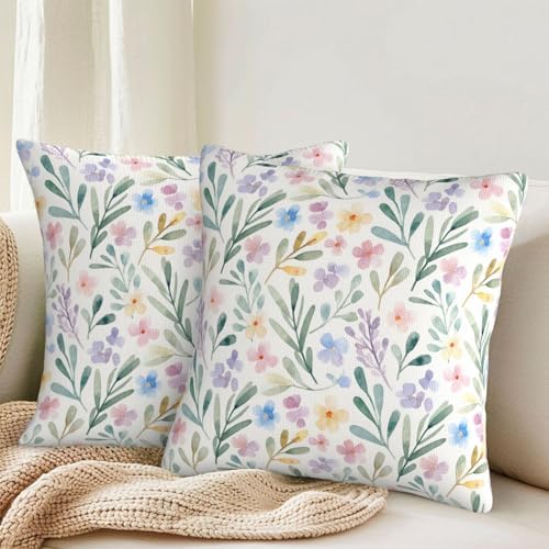 KiuLoam Spring Floral Pillow Covers 22x22 Inch Set of 2, Blue Yellow Purple Rustic Farmhouse Decorative Throw Pillows, Watercolor Wildflower Square Cushion Cases for Sofa Couch Bed Home Decor - Image 2