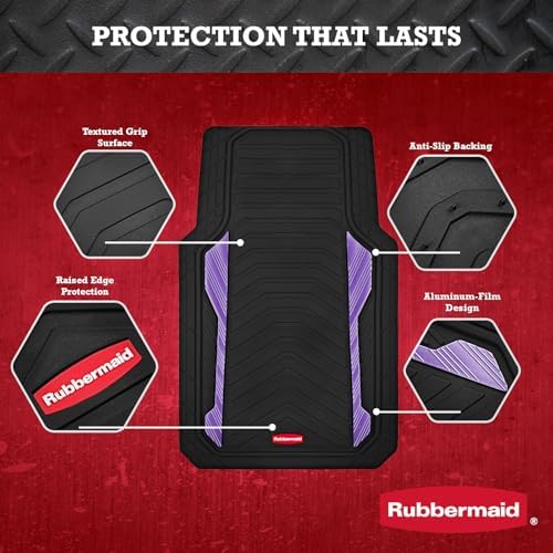 Rubbermaid Car Floor Mat, Heavy Duty All-Weather Car Mats Full Set with Dual-Tone Purple Aluminum Inserts – Universal Fit, Anti-Slip Backing, Trim-to-Fit for Most SUV, Sedan, Van
