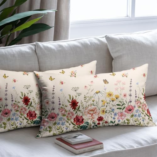 Spring Floral Pillow Covers 12x20 Set of 2 Green Garden Plant Butterfly Throw Pillows Covers Springtime Watercolor Decorative Farmhouse Cushion Case for Room Couch Sofa - Image 7