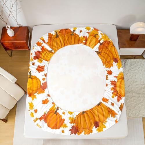 Fall Pumpkin Bed Sheets Twin Autumn Maple Leaves Bedding Set Thanksgiving Harvest Season Decor Sheet Set For Home,Rustic Farmhouse Sunflower Fitted Sheet Orange White Flat Sheet + 1 Pillow Case - Image 5