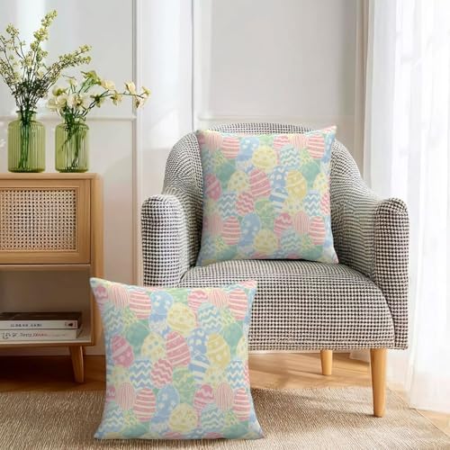 KiuLoam Easter Pillow Covers 24x24 Inch Set of 2 Watercolor Blue Green Yellow Eggs Rustic Farmhouse Decorative Throw Pillows Easter Spring Outdoor Square Cushion Cases for Sofa Couch Bed Decor - Image 3