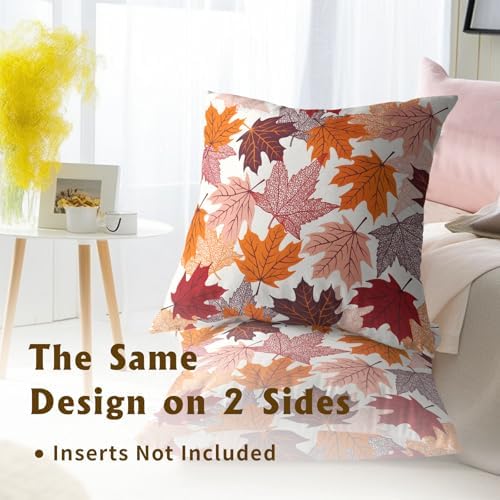 Sweetshow Fall Leaves Throw Pillow Covers 12X12 Inches Set of 2 Thanksgiving Autumn Harvest Maple Leaf Pillowcase Soft Cotton Square Cushion Covers for Home Sofa Bedroom Decoration - Image 5