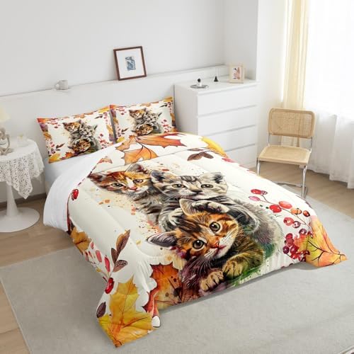 Erosebridal Cat Comforter Set Queen Size Autum Maple Leaves Bedding For Kids Boys Adults Cute Animals Kawaii Pet Down Thanksgiving Quilted Duvet Lightweight Harvest Bedroom Decor 3Pcs, Orange - Image 4