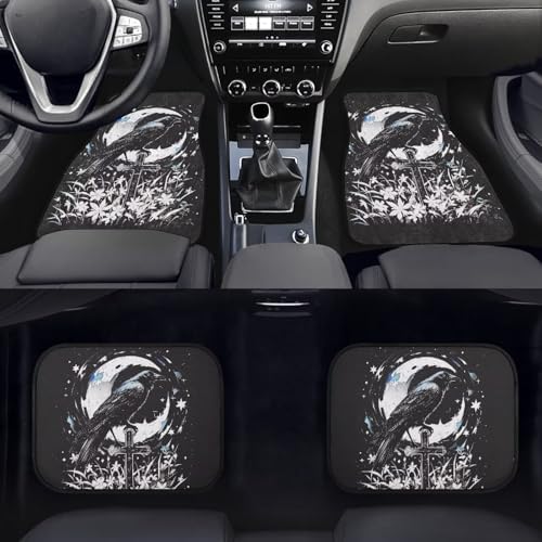 Gothic Raven Car Rubber Floor Mat, Orchid Floral Cluster Cross 4PCS Front and Rear Mats, Starry Night Moon Rubbers Non-Slip Floor Mats Heel Pad Fit for SUV Van Truck Car