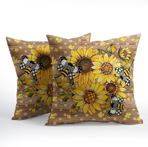 Summer Pillow Covers 22x22 Inch Set of 2, Sunflower Throw Pillow Covers Wood Pillowcase, Bee Polka Dot Decorative Seasonal Floral Spring Cushion Case Couch for Indoor Outdoor Home Decor - Image 2