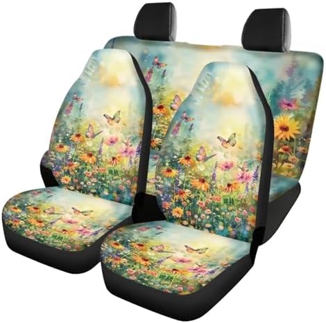 Butterfly Vibrant Floral Pattern Car Accessories Car Seat Covers Front Rear Breathable Seat Covers Universal Fits for Truck, Sedan, SUV Auto Interior Protector