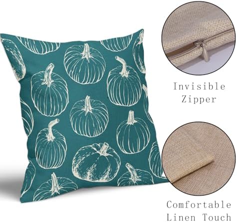 Teal Fall Pumpkin Pillow Covers 22x22 Set of 2 Autumn Themed Thanksgiving Cream Print Decorative Throw Pillows Outdoor Pillowcase Farmhouse Linen Cushion Case Decor for Home Sofa Couch Bed - Image 4
