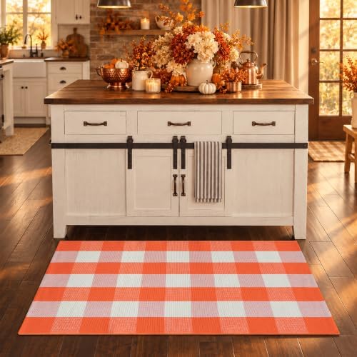 Orange and White Plaid Rug, 28'' x 43'' Fall Front Door Decor Mat, Cotton Washable Hand-Woven Door mat for Layered Doormat, Autumn Halloween Thanksgiving Carpet for Porch, Entryway - Image 4