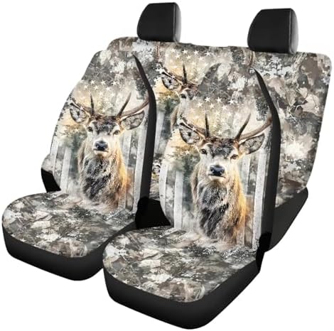 Vintage US Flag Hunting Deer Print Car Seat Covers 4Pcs Front & Rear Breathable Seat Covers Universal Fits for Truck, Sedan, SUV Auto Interior Protector Car Accessories