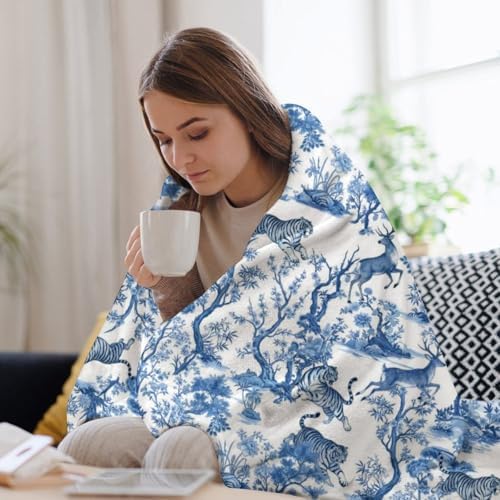 Socira Blue Chinese Style Tiger Huntings Blanket Throw Blanket Tiger Huntings Gifts for Women Men Soft Sofa Throws for Travel Camping Bed Home Decor Car Birthday Gift 40"*50" （100 * 130cm） - Image 5