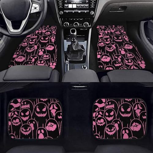 Pink Black Ghost Print Funny Halloween Car Floor Mats 4 PCS, Cute Durable Interior Accessories for Car SUV, All Weather Floor Mats with Front Rear Trunk Liners Set for Party
