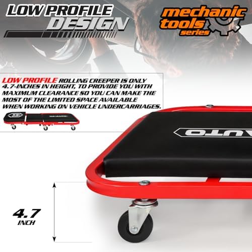 M-AUTO 40-Inch Folding Creeper Rolling Seat, All-in-One Adjustable Roller Garage Chair, Lay Down or Sit, 330LBS Capacity Under Car Roller Creeper with 6 Swivel Casters, Red - Image 6