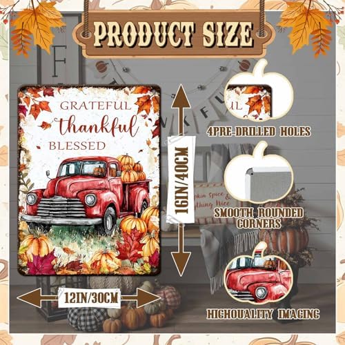 Thanksgiving Day Pumpkin Retro Tin Sign Grateful Thankful Blessed Metal Wall Decor for Studio Mall Living Room Kitchen 12x16Inch - Image 2