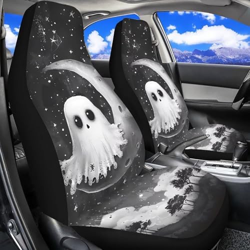 2 Pcs Halloween Ghost Car Seat Covers Set Vehicle Front Seat Protector Auto Interior Accessories Protetors Car Mat Covers Universal fit Most Car SUV Van Truck