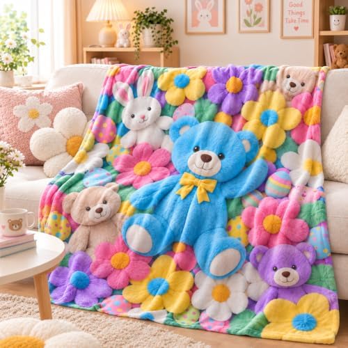 Jekeno 3D Plush Teddy Bear Blanket Gift, Floral Print Flannel Throw 60"x50" by Jekeno