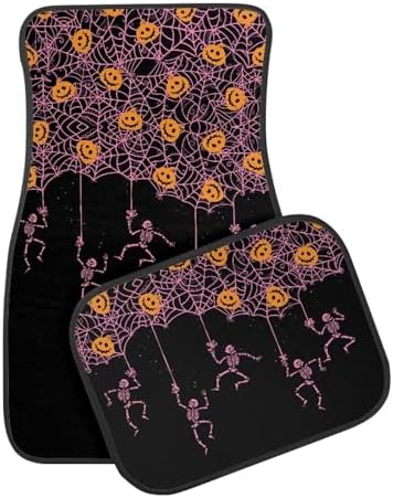Pink Spider Web Skeleton Black Print Funny Halloween Car Floor Mats 4 PCS, Cute Durable Interior Accessories for Car SUV, All Weather Floor Mats with Front Rear Trunk Liners Set for Party