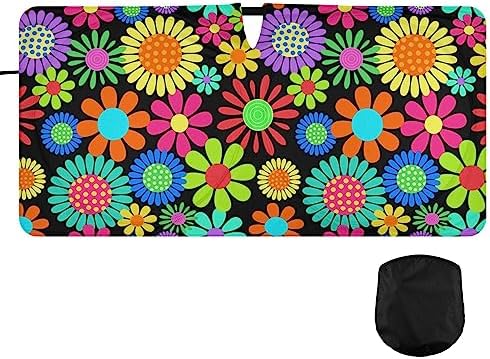Hippie Flower Car Windshield Sun Shade Floral Daisy Colorful Foldable Sunshade Front Window Visor Protector Blocks UV Rays Heat Keep Vehicle Cool (59 x 30 in)