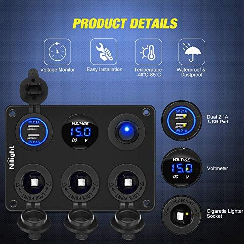 Nilight 6 in 1 Charger Socket Accessory Power Outlet Panel 12V 24VDC