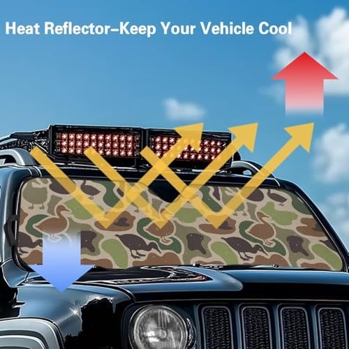 Renewold Duck Camo Green Automotive Windshield Sunshade, Foldable Car Front Window Sun Shade, Blocks Heat UV Rays Sunlight Sun Visor, Keep Cool Shield Cover, for Jeep Wrangler JK JL Gladiator JT
