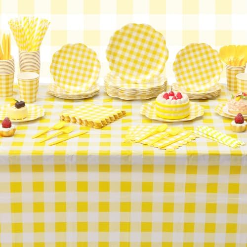Funnymoom 452 Pcs Yellow Gingham Party Supplies for 50, Yellow and White Gingham Checkered Paper Plates Napkins Cups Tablecloth Cutlery Straws for Birthday Family Picnic Barbecue Party Decoration - Image 6
